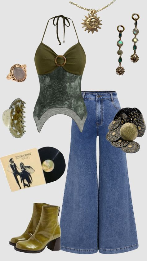 Boho hippie 70s inspired outfit #outfitinspo #vintage #whimsigoth #hippie #boho Hippie Aesthetic Outfit, Hippie Outfits 70s, Decades Outfits, Outfit Hippie, 70s Inspired Outfits, Denim Dress Outfit, Hippie 70s, 70s Denim, Estilo Hippy