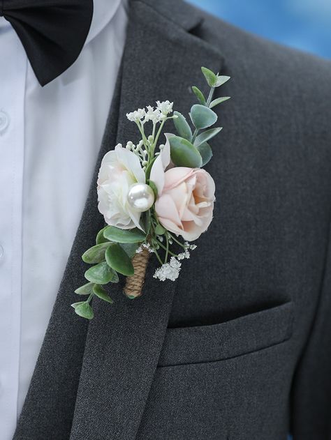 Multicolor  Collar  Polyester   Embellished   Women Accessories Boutonniere With Pearls, Boutineer Ideas Wedding Grooms, Wedding Buttonnaire, Boutineer Ideas Wedding, Boutonnière Ideas, Boutineer Wedding, Grooms Boutonniere, Pink Boutonniere, Western Style Wedding