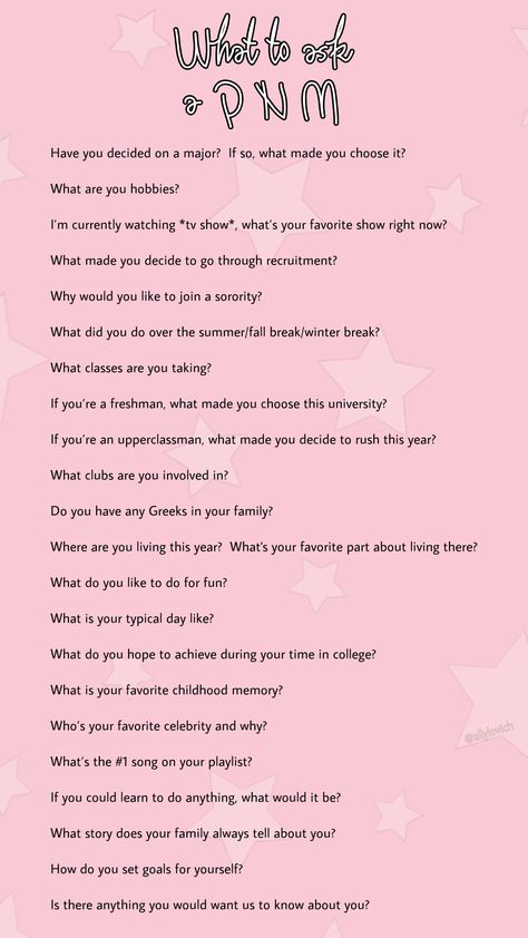 Questions for sorority recruitment Questions To Ask Sorority Recruitment, Chapter Themes Sorority, Sorority Line Names Ideas, Vp Membership Sorority, Sorority Questions, Social Ideas Sorority, Questions To Ask During Sorority Rush, Preference Ceremony Sorority, Sisterhood Themes Sorority