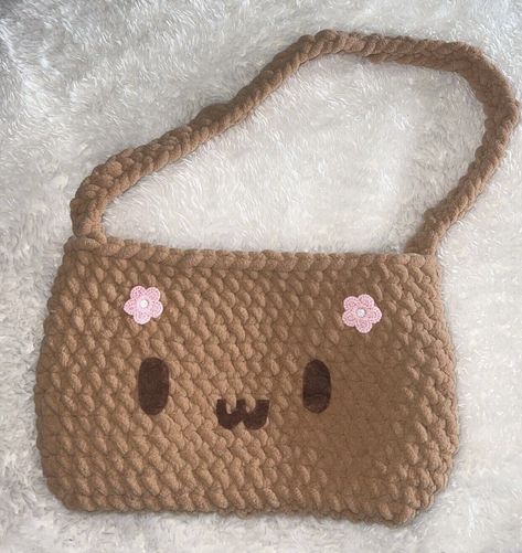 Sanrio Mocha Handmade Crochet Bag Kawaii One Of A Kind | eBay Crochet Kawaii Bag, Sanrio Mocha, Sanrio Pattern, Sanrio Matching, Kawaii Bag, Fluffy Yarn, Handmade Crochet Bags, Brown Shade, Crochet Inspo