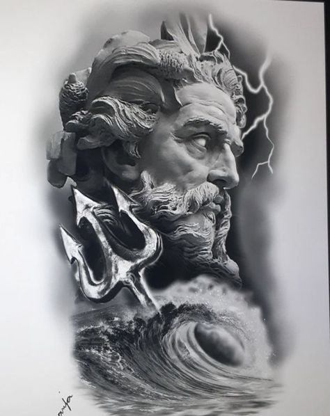 250+ Best Zeus Tattoo Designs With Meanings (2023) Greek Mythology - TattoosBoyGirl Trident Tattoo, Greek God Tattoo, Poseidon Tattoo, Zeus Tattoo, Statue Tattoo, Greek Mythology Tattoos, God Tattoos, Nautical Tattoo, Chest Piece Tattoos