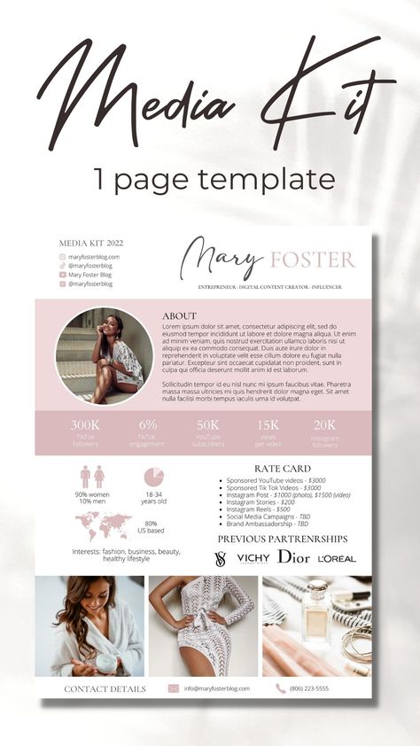 One Page Media Kit with Rate Card for Instagram and TikTok Influencer, YouTuber Media Kit Canva Template, Content Creator Media Kit Rate Card Influencer, Rate Card Design, Media Kit Design, Rate List, Electronic Press Kit, Blogger Media Kit, Rate Card, Business Strategy Management, Tiktok Influencer