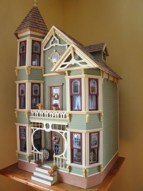 Gothic Victorian style wooden doll house Dolls House Exterior Color Schemes, Mini House Toy, Painted Lady Dollhouse Color Schemes, Victorian Dollhouse Exterior Colors, Miniature Victorian House, Doll House Colors Schemes, Doll Houses Ideas, Doll House Exterior Ideas, Victorian Dollhouse Exterior