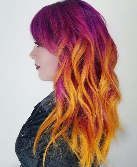 Purple and orange hair Hair Dye Ideas Orange, Purple Orange Hair, Orange Hair Color Ideas, Orange Hair Color, Purple Hair Color, Sunset Hair, Pulp Riot Hair Color, Hair Dye Ideas, Fire Hair