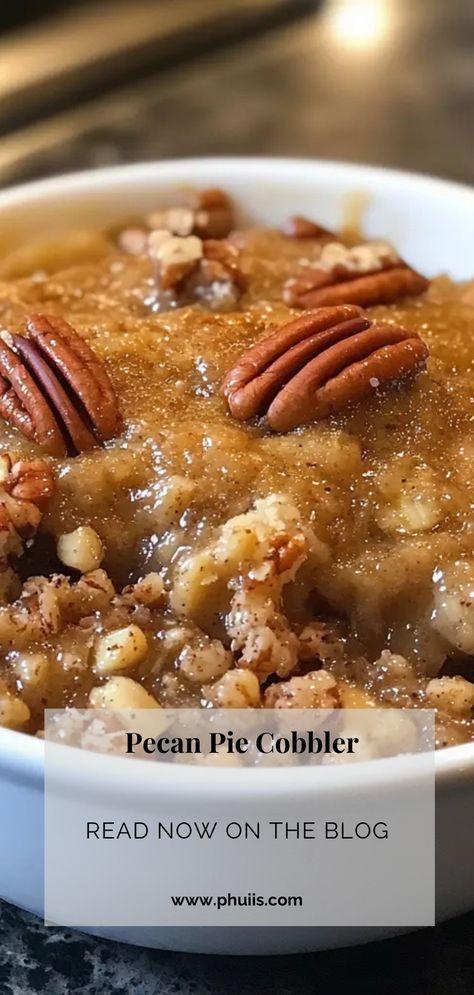 Pecan Pie Cobbler is a delightful fusion of two beloved desserts: the rich, nutty flavor of classic pecan pie and the comforting, fluffy texture of cobbler. This recipe not only combines these two favorites but also simplifies the preparation, making it a perfect dessert for any occasion. With its gooey filling and crumbly topping, this dish is sure to impress your family and friends. Pecan Pie Cobbler, Classic Pecan Pie, Festive Dinner, Christmas Recipe, Fluffy Texture, Holiday Cooking, Holiday Drinks, Pecan Pie, Perfect Desserts