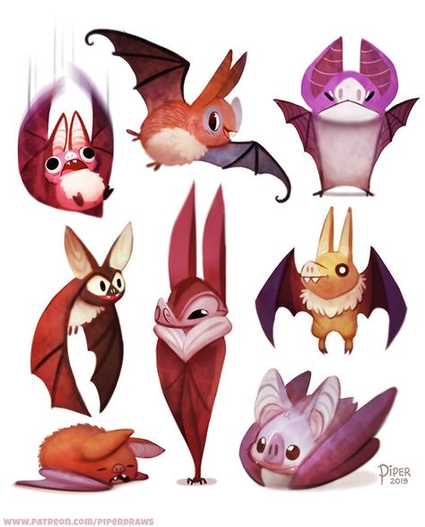 ArtStation - #2531. Bats - Designs, Piper Thibodeau Fruit Bat Drawing, Root Character, Imp Drawing, Bat Chibi, Cute Bat Art, Bat Character Design, Bat Therian, Cute Bat Drawing, Bats Drawing