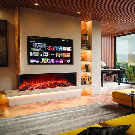 Elevate your home! #mediawall Wall Gas Fires, Inset Electric Fires, Wall Mounted Electric Fires, Wall Fires, Living Room Wall Units, Fireplace Beam, Fire Surround, Electric Fire, Electric Fires