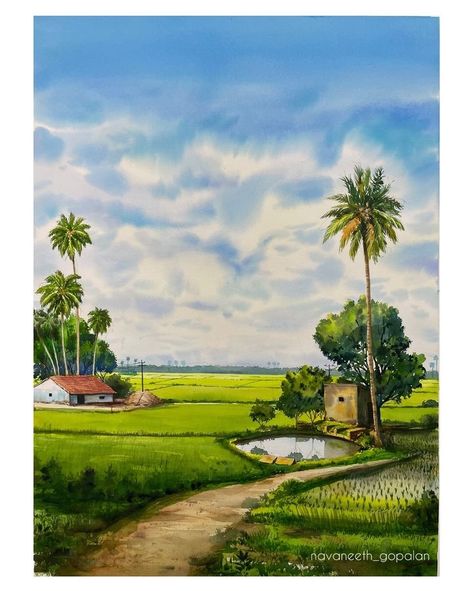 Navaneeth Art Gopalan (@navaneeth_gopalan) • Instagram photos and videos Village Water Colour Painting, Village Painting Ideas, Composition In Art Paintings, Painting Ideas Village, Landscape Paintings In Watercolour, Village Scene Drawing Water Colour Easy, Landscape Reference For Painting, Himi Watercolor, Watercolor Drawing Landscape