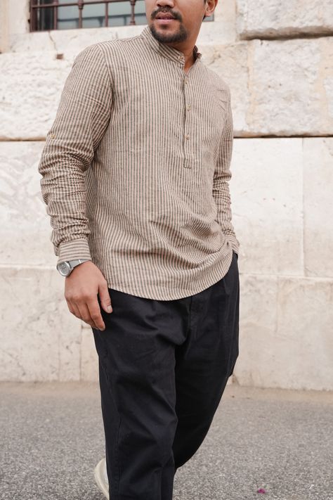 Brown cotton linen shirt with stripes detailing. Modest & Premium fashion brand | Malaysia | Shirt | Men Mandarin Collar, Linen Shirt, Shirt Men, Cotton Linen, Fashion Brand, New Color, That Look, In Style, Mens Shirts