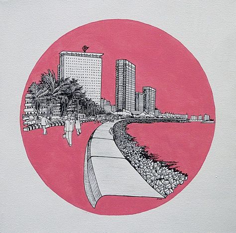 Marine Drive Painting, Marine Drive Mumbai Painting, Mumbai Drawing, Mumbai Illustration, Mumbai Art, Mumbai Trip, Sensory Design, Travel Doodle, Pen Sketching