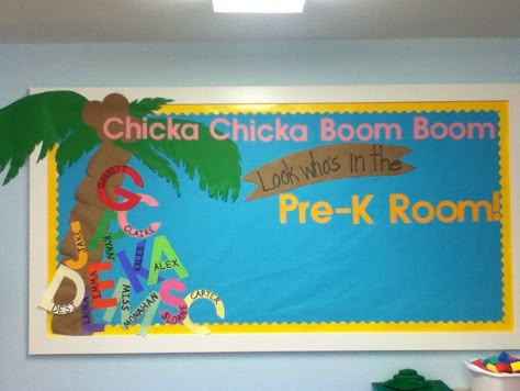 Welcome to School! "Chicka Chicka Boom Boom! Look Who's in the Pre-K Room!" Bulletin board Chicka Chicka Boom Boom Bulletin Board Ideas, Chick A Chicka Boom Boom Bulletin Board, Chick Chicka Boom Boom Activities Prek, Pre K Board Ideas, Chicka Chicka Boom Boom Bulletin Board Preschool, Chica Chica Boom Boom Bulletin Board Ideas, Back To School Pre K Bulletin Boards, Preschool Back To School Bulletin Board Ideas Kindergarten, Chicks Chicka Boom Boom Bulletin Board