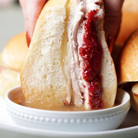 Hot Turkey And Stuffing Sandwiches, Turkey French Dip, Aus Jus, French Dip Recipe, French Dip Recipes, Hot Turkey Sandwiches, Turkey Roll, Leftover Gravy, Hot Sandwiches