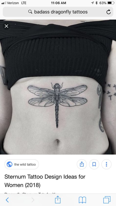 Dragon Fly Stomach Tattoo, Dragon Fly Tattoo Sternum, Dragonfly Chest Tattoo, Dragonfly Sternum Tattoo, Sternum Tattoo Design, Underboob Tattoo, Wild Tattoo, Stomach Tattoos, Sternum Tattoo