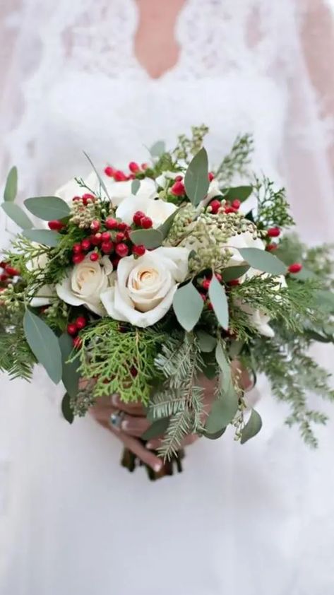 a beautiful Christmas wedding bouquet of greenery, fern, fir, white roses and berries is a timeless idea Christmas Wedding Bouquets, Christmas Wedding Flowers, Winter Bridal Bouquets, Winter Wedding Bouquet, Christmas Bouquet, Rose Bridal Bouquet, Winter Wedding Flowers, Christmas Rose, Diy Wedding Flowers