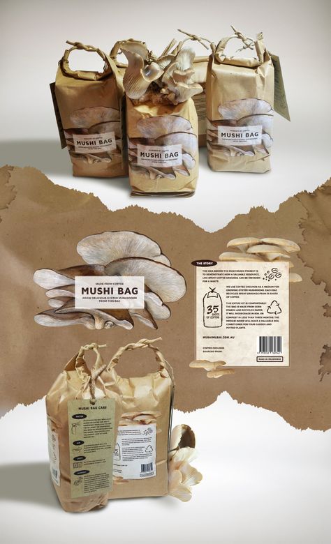 Packaging And Label, Tiny Farm, Mushroom Kits, Mushroom Grow Kit, Oyster Mushrooms, Kitchen Bench, Edible Mushrooms, Healthy Vegan Snacks, Branding Design Packaging