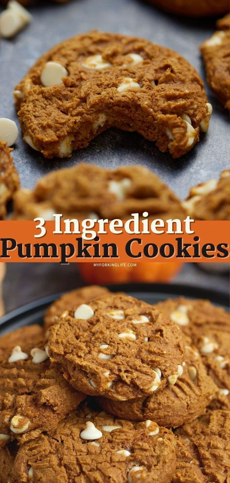 Fall baking just got easy with these delicious pumpkin cookies! Made with just 3 ingredients, it takes minutes to make up a big batch for the whole family to enjoy. I know you are going to love these! 3 Ingredient Pumpkin Spice Cookies, Homemade Pumpkin Cookies Easy, Pumpkin Oatmeal Cookies 3 Ingredients, Pumpkin Cookies 2 Ingredients, Few Ingredient Baked Goods, Homemade Pumpkin Spice Cookies, Pumpkin 3 Ingredient, 3 Ingredient Fall Desserts, Pumpkin Spice Cookies 2 Ingredients