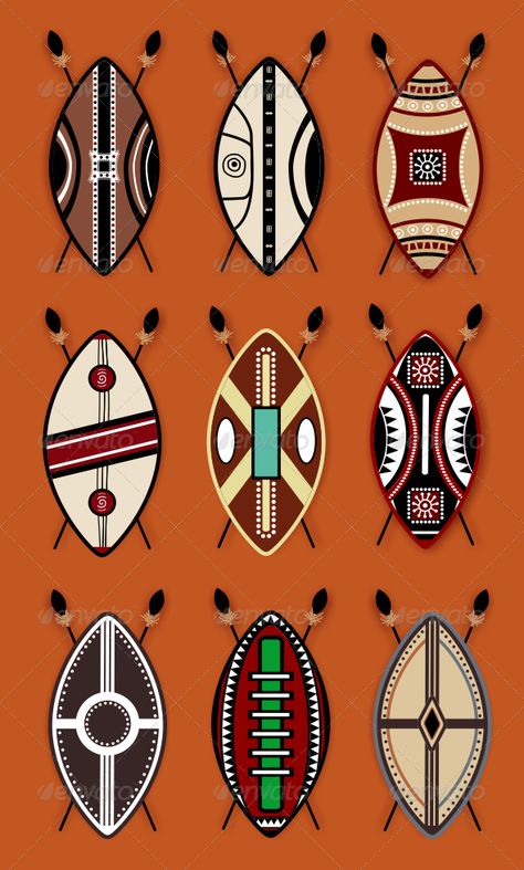 Masai Shield Vector Designs  For download - http://graphicriver.net/item/masai-shield-vector-designs-/7956010?WT.ac=portfolio&WT.z_author=ragerabbit Decorative Symbols, African Shield, African Art Projects, Africa Art Design, African Tattoo, Shield Vector, African Pattern Design, African Symbols, African Artwork