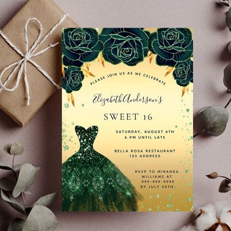 Sweet 16 Emerald Green, Green Gold Dress, Sweet Sixteen Party Themes, Green And Gold Dress, Quinceanera Dresses Gold, Sweet 16 Themes, 16 Invitations, 80th Birthday Invitations, Sweet 16 Decorations