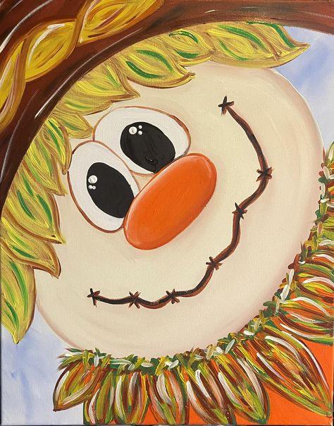 Fall Scarecrow Paint Party at Holmen Village; Brushstrokes with Barbara - ExploreLaCrosse Scarecrow Paintings, Easy Animal Paintings, Cute Fall Paintings On Canvas Easy, Cute Fall Paintings, Fall Paintings On Canvas Easy, Fall Paintings On Canvas, Fall Window Painting, Paintings On Canvas Easy, Scarecrow Painting