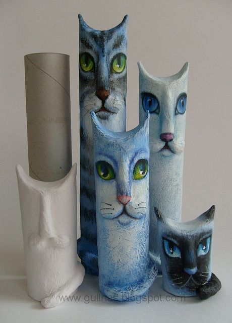 love the idea of building with paper mache onto tube base Pottery Whimsical, Ceramic Cats, Rolled Paper Art, Paper Mache Sculpture, Paper Mache Art, Paper Mache Crafts, Toilet Paper Roll Crafts, Paper Roll Crafts, Papel Mache