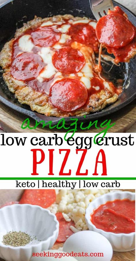 This low carb pizza with egg crust is so good you won't believe it! This low carb pepperoni pizza is a healthy recipe that you will love. It is super easy to make and you will not miss regular pizza crust because this is so delicious. This is my go-to healthy pizza when I'm craving pepperoni and cheese pizza. Pizza eggs -perfect for breakfast, lunch, and dinner! #pizza #keto #lchf #lowcarb #healthyrecipe #italian #eggs #seekinggoodeats Bariatric Pizza Recipes, Egg Crust Pizza, Pizza With Egg, Egg Pizza Recipes, Banting Bread, Ww Pizza, Pizza Eggs, Keto Eggs, Pepperoni And Cheese