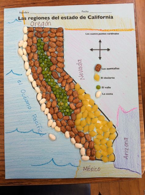 Regions of California with pinto bean mountains, green lentil valley, pasta shell desert and white bean coast California History Projects, California Missions Project, California Outline, Social Studies Centers, Third Grade Social Studies, Social Studies Projects, California Regions, 3rd Grade Social Studies, Mission Projects