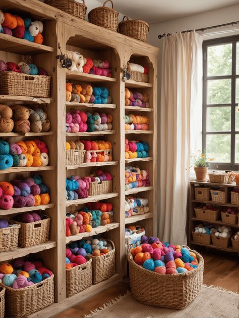 15 Yarn Storage Ideas – The DIY Desire Craft Room Yarn Organization Ideas, Craft Room Yarn Storage, Organize Crochet Supplies, Dollar Tree Yarn Organization, Yarn Storage Cabinet, Organize Yarn Storage, Organizing Yarn Ideas, Craft Shop Aesthetic, Yarn Stash Organization