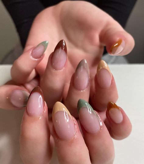 Marron Nails Acrylic Almond, 90s Almond Nails, Nail Inspo Almond French Tip, Multi Color French Tip Nails, Mail Inspo Almond, Different Color French Tip Nails, Earth Tone Nails Designs, Multi Colored French Tip Nails, Folklore Nails