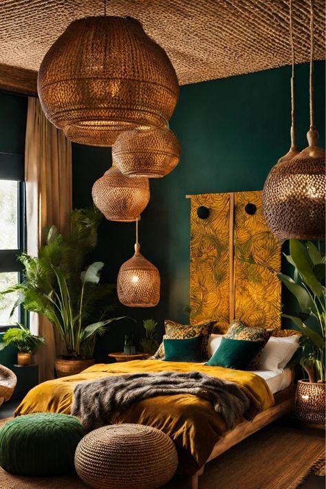 Bold Bedroom Decor, African Bedroom Design, Bedroom Design Eclectic, Bohieman Aesthetic, Bedroom African Style, Afro Eclectic Decor, Bold Color Bedroom Ideas, Afrohemian Decor Bedroom, African Boho Bedroom