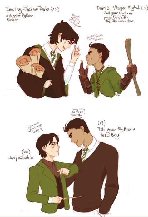 Tim Drake and Damien Wayne with a Harry Potter crossover / fan art. Literally they're so attractive?? Batfamily Harry Potter, Damian X Tim Drake, Tim Drake And Damian Wayne Fanart, Damian Wayne Tim Drake, Damian Wayne X Tim Drake, Batfam Crossover, Tim And Damian Fanart, Damian X Tim, Damian Wayne And Tim Drake