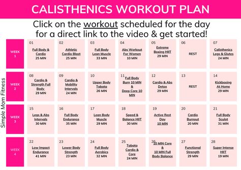 FREE 4-Week Calisthenics Workout Plan For Women Home Calisthenics, Calisthenics Workout Plan, Calisthenics Training, Full Body Cardio, Cardio Abs, Nutrition Motivation, Muscular Endurance, Prenatal Workout, Endurance Training