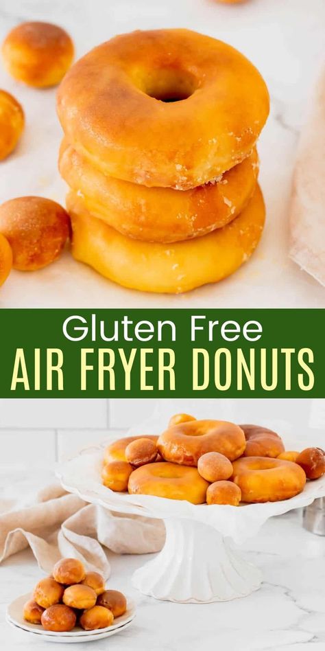 Air Fryer Glazed Donuts - an easy recipe that makes the best homemade donuts in the world, and you can even use 1-to-1 gluten free flour! Fried without any oil, the donuts are light and fluffy and the glaze is smooth and sweet. Gluten Free Donut Recipe, Air Fryer Donuts, Raised Donuts, Gluten Free Doughnuts, Glutenfri Baking, Gluten Free Yeast Free, Fried Donuts, Gluten Free Donuts, Homemade Gluten Free