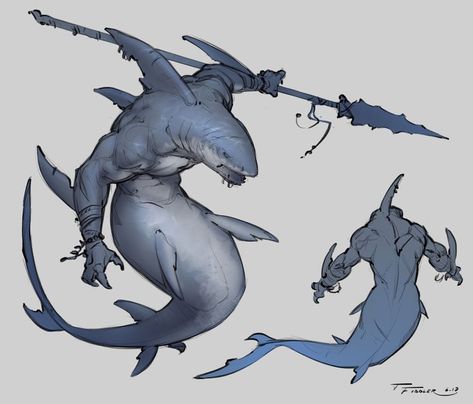 Aquatic Character, Sea Character, Taran Fiddler, Happy Saturday Everyone, Shark Man, Shark Art, 다크 판타지, Creature Drawings, Monster Concept Art