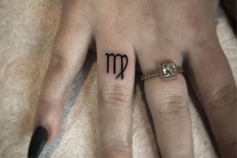 Virgo Tattoo On Finger, Virgo Tattoo Finger, Virgo Finger Tattoos For Women, Virgo Glyph Tattoo, Finger Tattoos Virgo, Virgo Finger Tattoo, Virgo Hand Tattoos, Virgo Tat, Small Virgo Tattoo Ideas