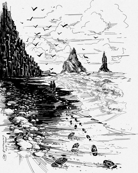 Water Drawing Black And White, Iceland Drawing, Photographer Drawing, Sand Drawing, Greece Painting, Beach Illustration, Water Drawing, Travel Books, Black And White Sketches