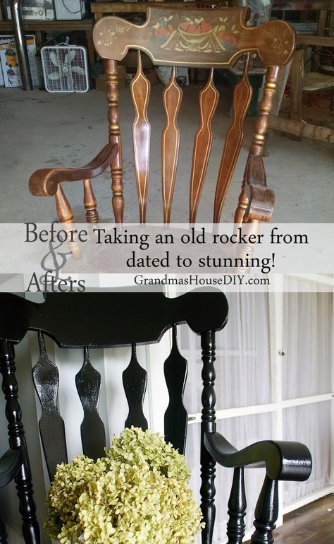 Dated rocking chair gets a before and after makeover with black painted rocking chair, before and afters, DIY. Rocking Chair Redo, Before And After Remodel, Before And After Makeover, Bedroom Makeover Before And After, Rocking Chair Makeover, Painted Rocking Chairs, Diy Rocking Chair, Old Rocking Chairs, Chair Redo