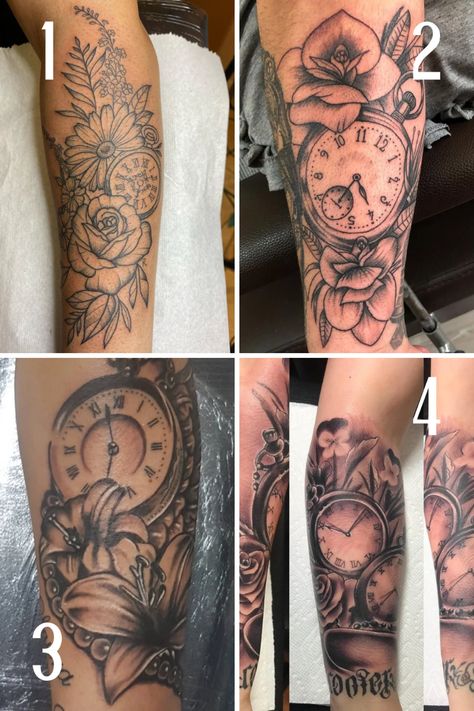 53 Timeless Flower and Clock Tattoo Ideas - TattooGlee Female Clock Tattoo Design, Floral Clock Tattoos For Women, Animal And Flower Tattoos For Women, Flower And Clock Tattoo For Women, Color Flower Tattoo Sleeve, Clock Tattoos For Women Half Sleeves, Clock With Flowers Tattoo, Pocket Watch Tattoos For Women, Time Clock Tattoos For Women