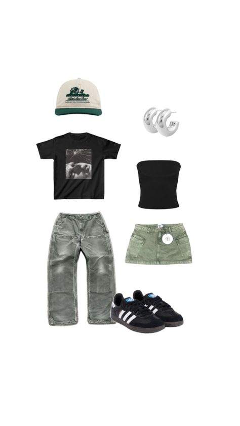 outfit inspo for couples with green. cargos Couple Outfits Streetwear, Matching Clothes Couple, Matching Couple Outfits Summer, Couple Streetwear, Couple Matching Outfits, Couple Fits, Fit Couple, Fashion Moodboard, Cute Couple Outfits