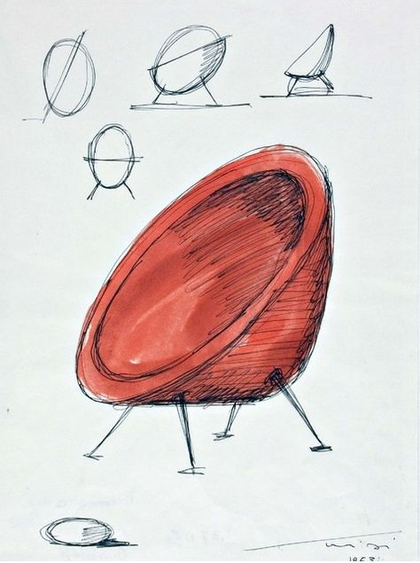 Ico Parisi, sketch for armchair Uovo, 1951-53. Made by Cassina. Furniture Drawing Sketch Interior Design, Armchair Sketch, Chair Sketch, Interior Design Sketchbook, Drawing Furniture, Architecture Blueprints, Furniture Sketch, Furniture Design Sketches, Interior Design Student