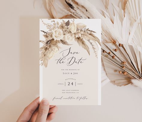 ♥ Boho Save the Date Card - Boho Floral Save the Date Template - Pampas Grass Wedding ♥ Celebrate your love in bohemian style with my Boho Chic Save the Date Card template! This dreamy and artistic design captures the essence of a free-spirited celebration, perfect for couples who embrace individuality and creativity. ♥ BUY MY BOHO WEDDING BUNDLE: https://etsy.me/49KkRyE ♥ IMPORTANT INFO: ✅ Editing on PC/laptop recommended!  ✅ Digital item - you edit and print yourself! ✅ Make sure your email ad Boho Wedding Invitation, Save The Date Cards Wedding, Boho Save The Date Ideas, Boho Save The Date, Boho Wedding Save The Date, Save The Date Wedding Invitations, Wedding Invitations Digital, Boho Wedding Invitations, Boho Wedding Announcements