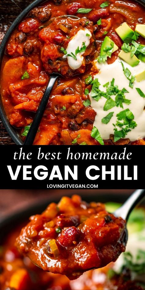 The best vegan chili is loaded with beans, veggies and plenty of flavor! It's hearty, cozy, comforting and insanely delicious. It's also super easy to make with pantry staples. | lovingitvegan.com Best Vegan Chili, Vegan Chili Recipe, Vegetarian Chili Recipe, Bean Chili Recipe, Vegan Dinner Recipes Easy, Meatless Monday Recipes, Easy Vegan Dinner, Vegan Chili, Vegetarian Chili