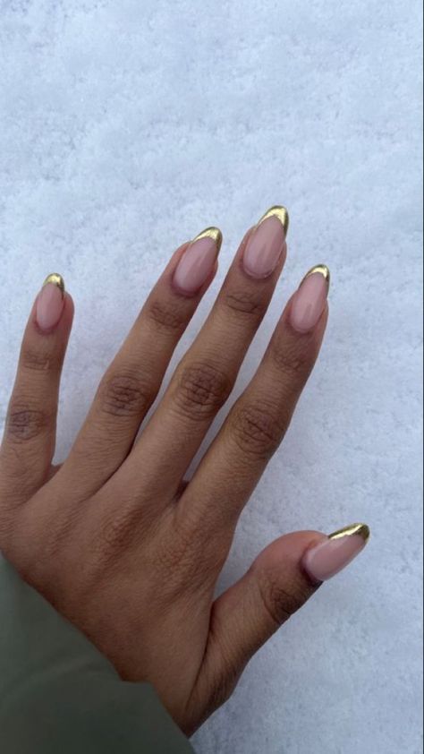 Nails Acrylic Gold French Tips, Gold Tip Oval Nails, Gold Top Nails, Gold French Tip Chrome Nails, Short Almond Nails Gold French Tip, Short Nails Gold Tips, Brown Nails Gold Tips, Half Gold Nails, Gold Dress Nails Ideas