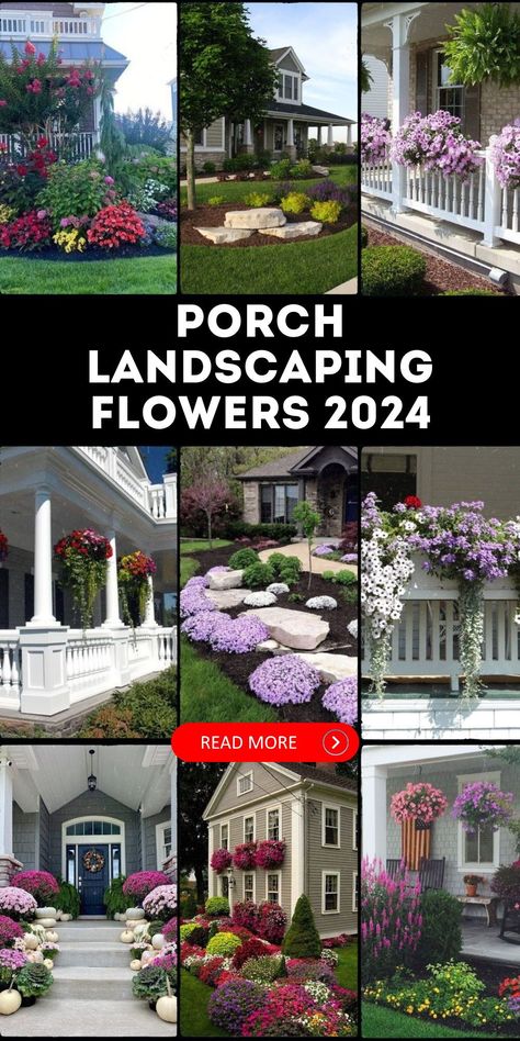 Elevate your porch's charm by placing captivating flower beds right in front. These strategically positioned beds in front of porch landscaping add depth and dimension, creating a visually appealing focal point that draws attention to your porch. Landscaping For Front Of House With Porch, Flower Beds In Front Of Porch, In Front Of Porch Landscaping, Front Of Porch Landscaping, Front Yard Beds, Landscape Design Front Of House, Front Porch Landscaping Ideas, Ideas For Front Yard, Front Yard Ideas