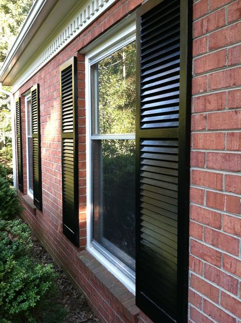 Brick Home Black Shutters, Black Shutters Red Brick House, Red Brick House With Black Shutters, Black Shutters Brick House, Red Brick Black Shutters, Brick House Black Shutters, Shutters Brick House, White Siding Exterior, Melanie Harlow