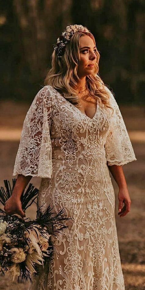 Long Sleeve Full Back Wedding Dress, Boho Elopement Dress Plus Size, Elbow Sleeve Wedding Dress, Glam Wedding Dress With Sleeves, Lace Plus Size Wedding Dress Curvy Bride, Plus Size Ivory Wedding Dress, Plus Size Rustic Wedding Dress, Plus Boho Wedding Dress, Boho Wedding Dress With Sleeves Bohemian