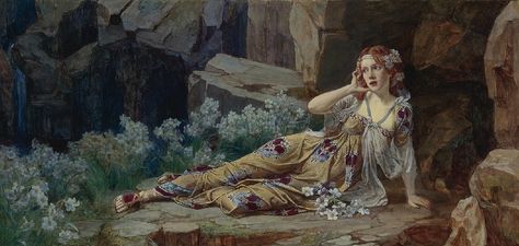 https://flic.kr/p/dcV9JH | Talbot Hughes "Echo" 1900 | largesizepaintings.blogspot.fr/ Legends And Myths, Pre Raphaelite, English Artists, Vintage Painting, Greek Mythology, Classic Art, Cross Stitch Patterns, Les Oeuvres, Painter