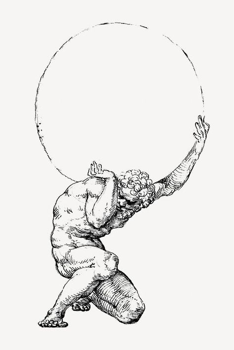 Greek Tattoos For Men Mythology, Atlas Tattoo Ideas, Roman Statues Tattoos, Atlas Titan Tattoo, Greek Atlas Tattoo, Ancient Gods Tattoo, Sysaphis Tattoo, Sisyphus Drawing, Chiron Tattoo