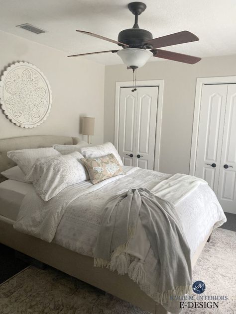 Paint Colour Review: SHERWIN WILLIAMS EGRET WHITE SW 7570 - Kylie M Interiors Bedroom Wall Color Combination Ideas, Wall Color Combination Ideas, Pure White Sherwin Williams, Transitional Style Bedroom, Kylie M Interiors, Taupe Paint Colors, Warm Neutral Paint Colors, Warm Grey Paint Colors, Egret White