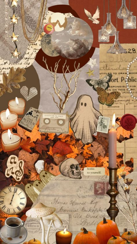 #halloween #ghosts #pumpkins #orange #autumn #fall #leaves #brown #beige #october #cosy Halloween Wallpaper Iphone Aesthetic Orange, Halloween Tapeta, Brown Halloween Wallpaper, Fall Theme Wallpaper, Fall Themed Wallpapers, Lockscreen Autumn, Halloween Computer Wallpaper, Fall Collage Wallpaper, Phone Wallpaper Autumn