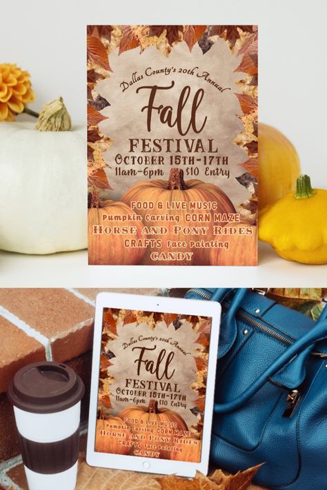 Editable Fall Festival Flyer Template for the perfect community Fall Festival and/or Pumpkin Patch! Try the FREE DEMO here: https://www.corjl.com/d/19H9FA Perfect for any Autumn Celebration, Thanksgiving Day Party, Company Holiday Event, or Fall Festival Party! Edit. Download. Then Print. Fall Festival Flyer, Fall Festival Party, Autumn Celebration, Party Edit, Festival Flyer, Pony Rides, Autumn Festival, Day Party, Fall Festival